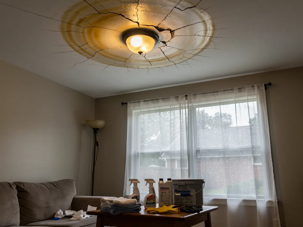 Cracked ceiling stains that pop up after rain